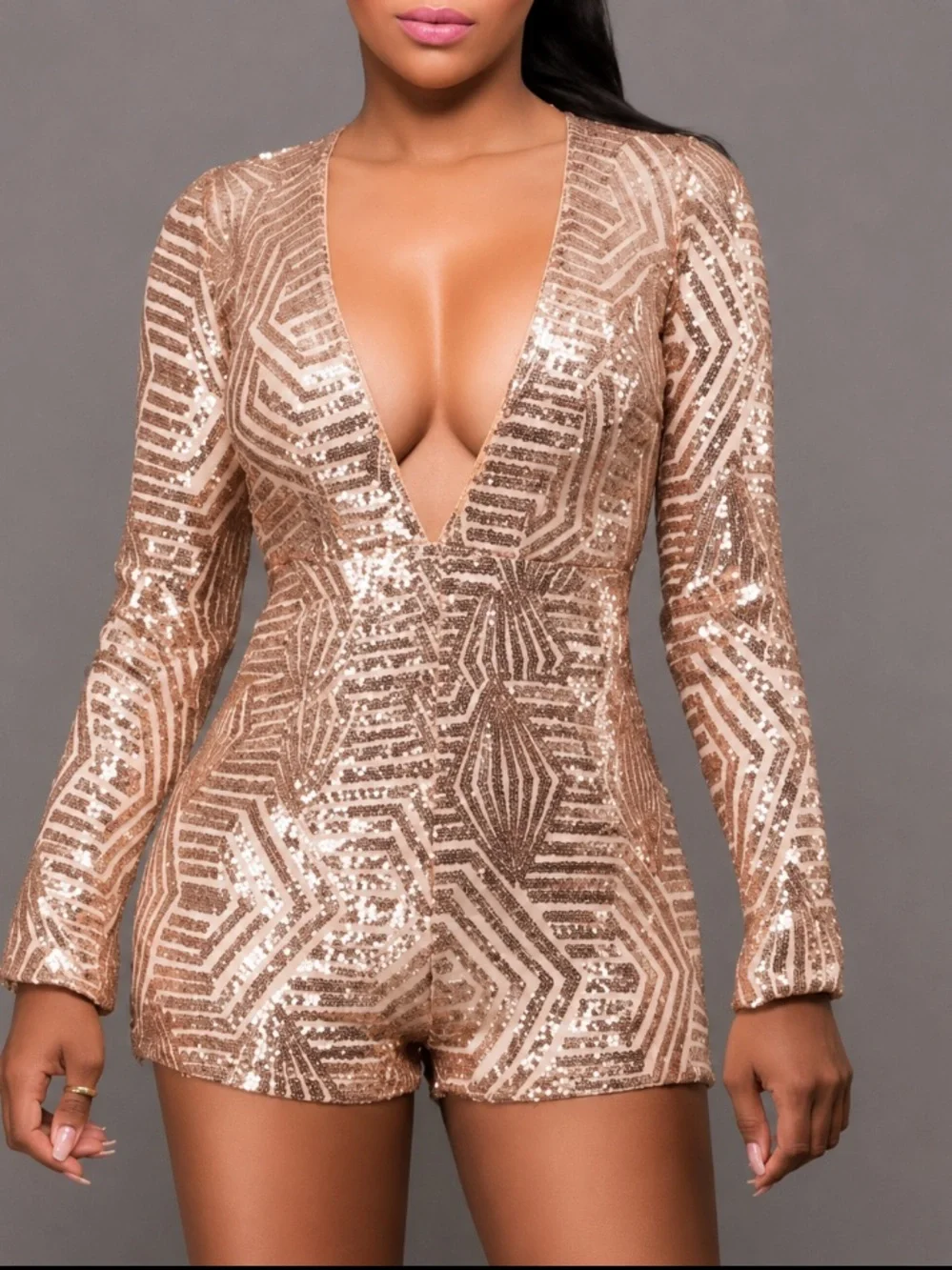 Fashion Nova Gold Sequin Long Sleeve Deep Neck Open Back Fairycore Romper Size L